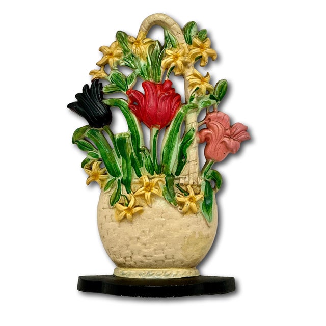 Hard to Find 1930s Hubley MFG Co. Tulips & Hyacinths Flower Basket Cast Iron Doorstop in Pristine Cond. For Sale - Image 10 of 18