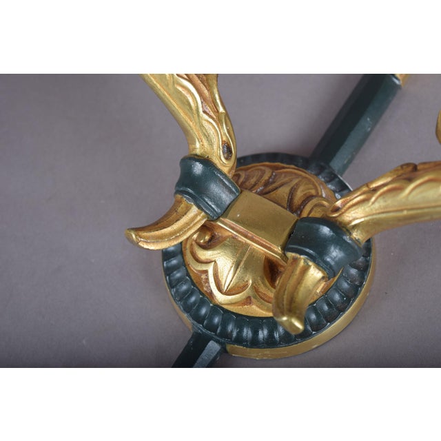 Metal Gilt Bronze Double-Arm Wall Sconces with Frosted Glass Shades, 1950s, Set of 2 For Sale - Image 7 of 18