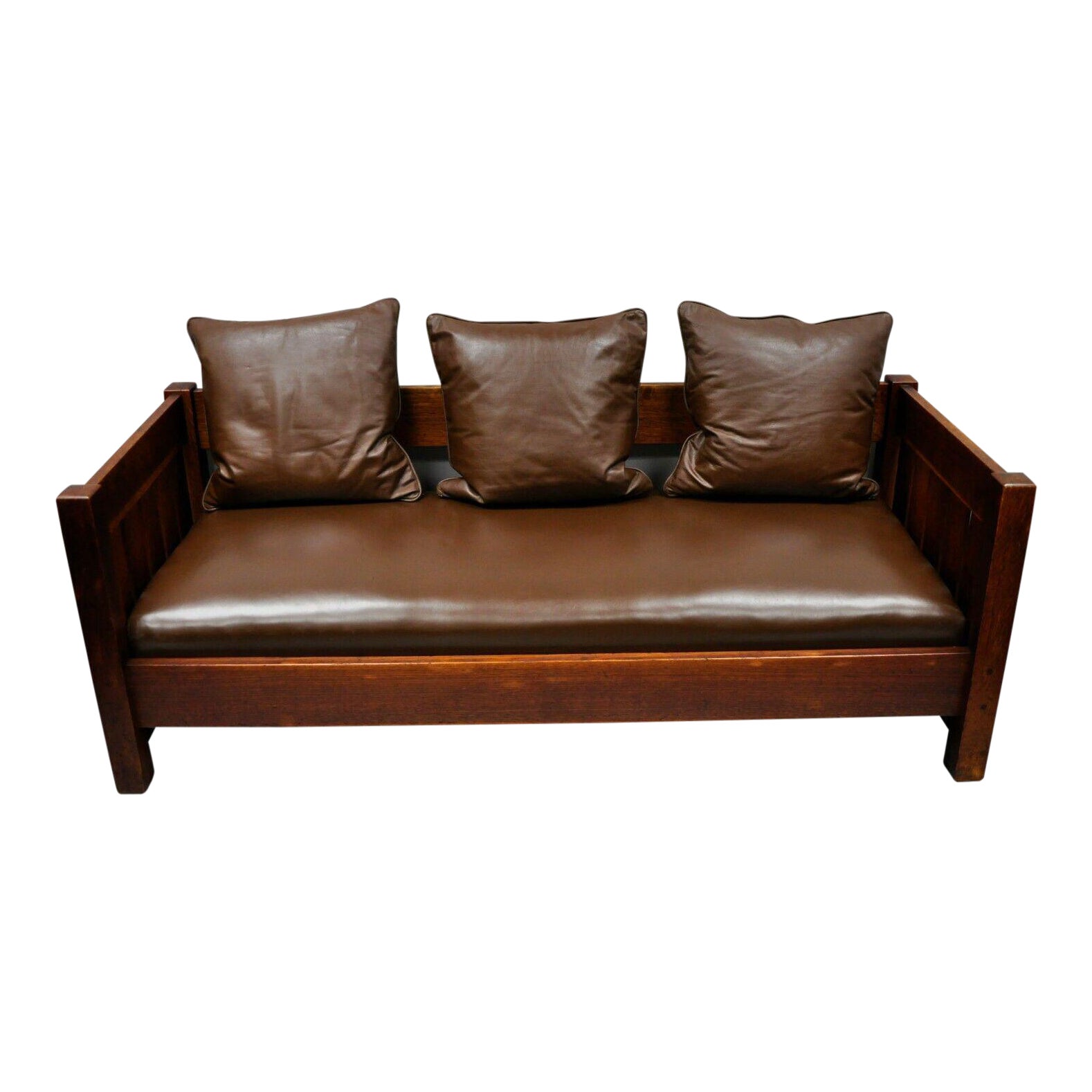 20th Century Vintage Gustav Stickley Settle 225 Even Arm Brown Leather Sofa Chairish