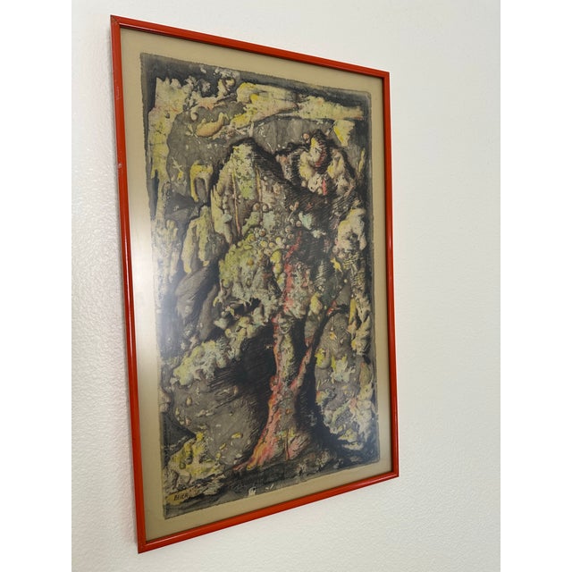 Original Tree Silk Screen Signed Beier in Orange Metal Frame For Sale - Image 4 of 6