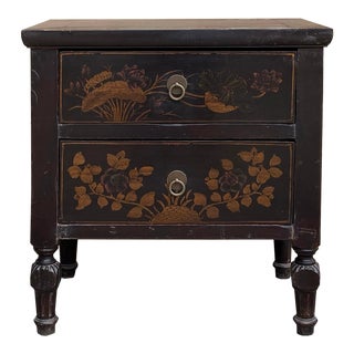 Oriental Distressed Black Lacquer Drawer End Table Nightstand For Sale