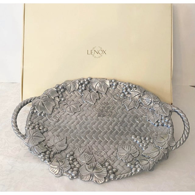 Large Lenox Handled Oval Serving Tray Platter Grape Weave Pewter/Silver Color Metal-Wear Late 20th Century New in Box For Sale - Image 11 of 11