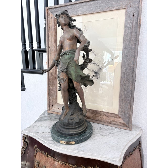 Auguste Moreau Antique A. Moreau “Morning” Signed Bronze Sculpture on Green Marble For Sale - Image 4 of 7