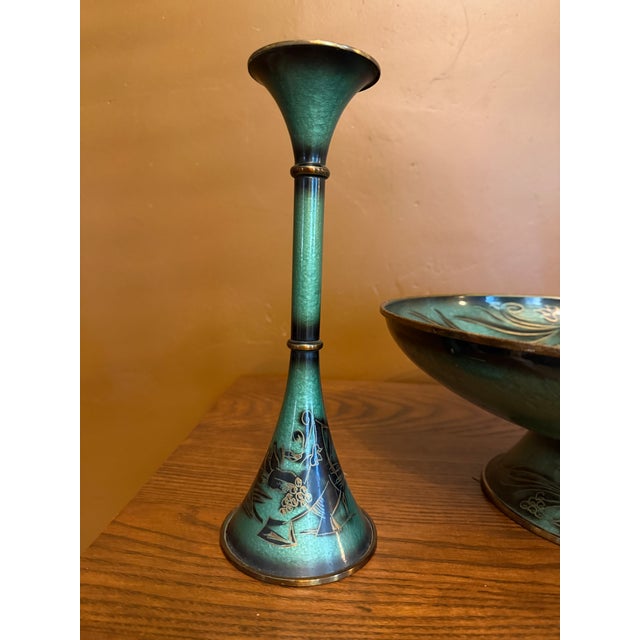 Mid-Century Modern Mid 20th Century Israeli Enameled Brass Pedestal Bowl and Candlesticks With Grape Motif, Set of 3 For Sale - Image 3 of 18