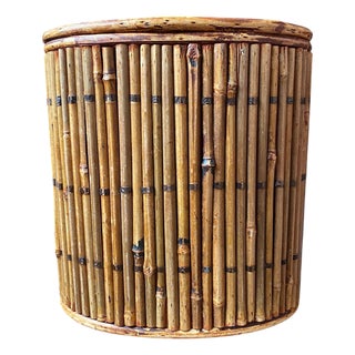 Vintage Tortoise Bamboo Boho Chic Wastebasket Brass Woven Detail For Sale