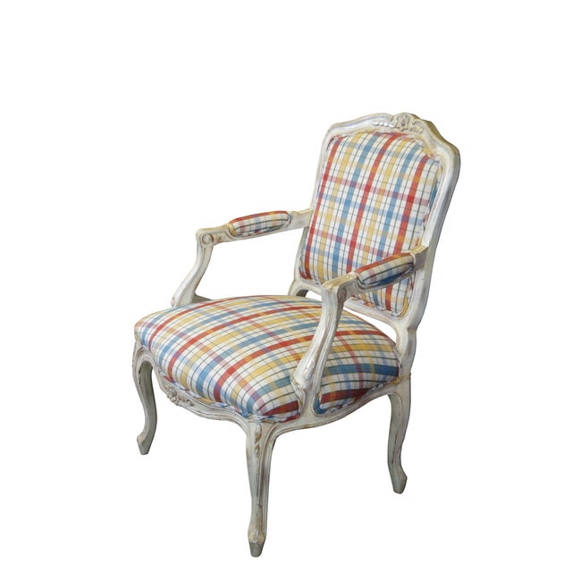 French Provincial Mid 20th Century Vintage French Provincial Louis XV Fauteuil Plaid Library Lounge Armchair For Sale - Image 3 of 11