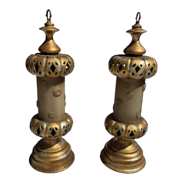 Pair of 1950s Regency Mid-Century Gold Lamps Lanterns For Sale
