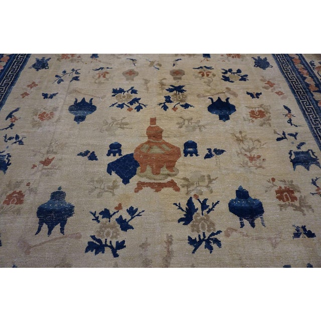 Delightful Ivory and Blue Color With Unique Chinoiserie Design Antique Chinese Ningxia Rug For Sale - Image 4 of 12
