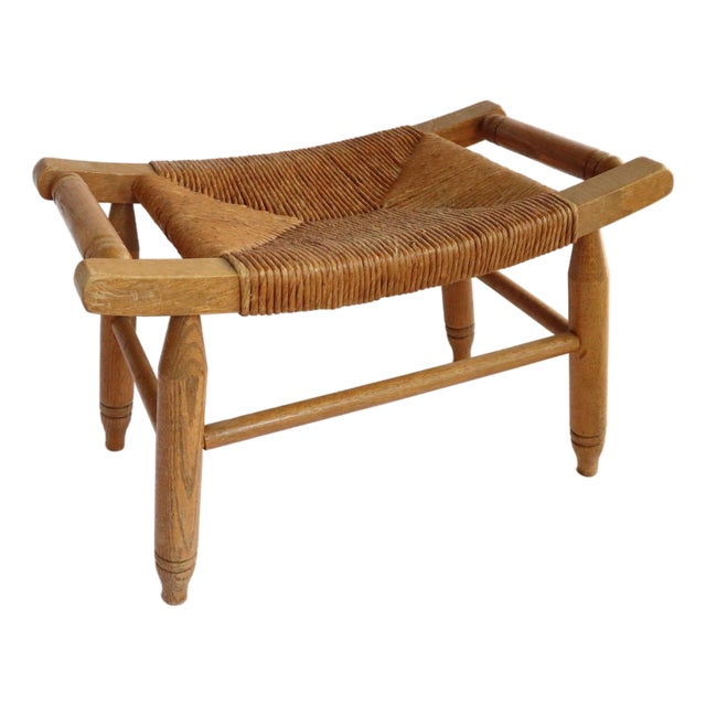 Vintage Curved Low Stool or Footstool With Rush Seat For Sale