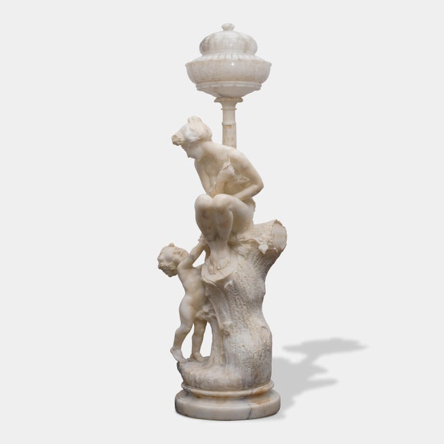 Pair of Monumental Antique Italian Carved Alabaster Venus & Cupid Figural Torchiere Lamps on Black Marble Pedestals For Sale - Image 10 of 12