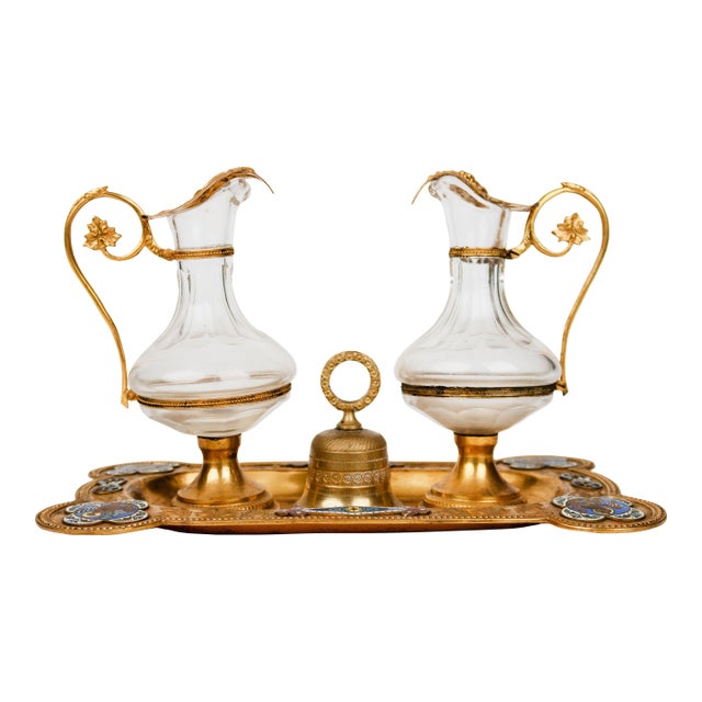19th Century French Champleve Enamel Over Gilt Bronze & Baccarat Crystal Cruet Set For Sale