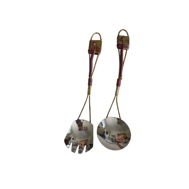 Vintage Brass Salad Servers With Red Wire Wrapped Handles Boho Tableware For Sale - Image 9 of 9