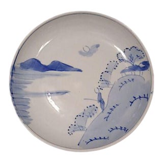 1940s Meiji Arita Japan Blue & White Hand Painted Fishing Plate For Sale