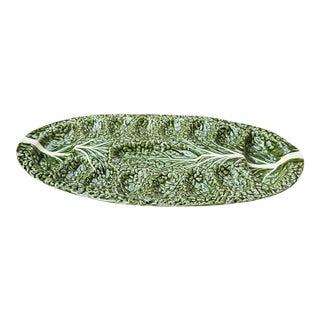 Mid 20th Century Olfaire Portugal Majolica Oval Platter Cabbage Leaf Deviled Egg/Oyster Plate Uncommon Mold 7090 For Sale