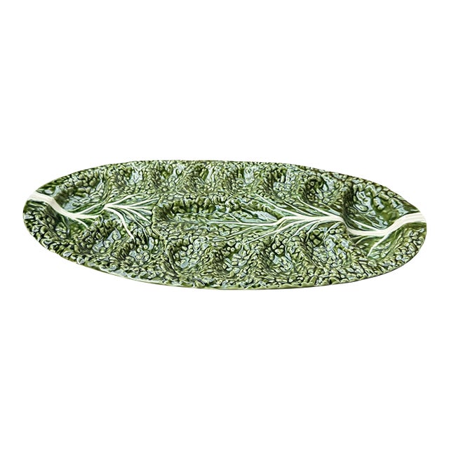 Mid 20th Century Olfaire Portugal Majolica Oval Platter Cabbage Leaf Deviled Egg/Oyster Plate Uncommon Mold 7090 For Sale