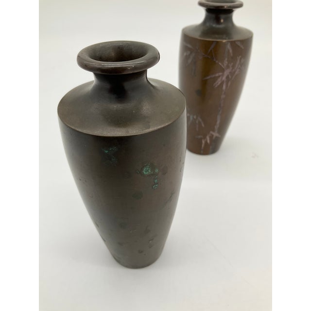 Japanese Vintage Japanese Silver Inlaid Bamboo Design Bronze Vase Set of 2 Meiji Period For Sale - Image 3 of 17