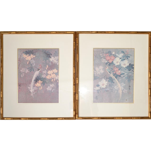 Early 20th Century Signed 2 Matching Framed Asian Paintings Chinoiserie Hand Painted Bird Scene Gilt Faux Bamboo For Sale - Image 17 of 17