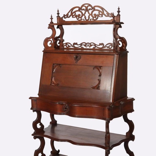 Antique Victorian Rococo Walnut Drop Front Lady’s Desk C1880 For Sale - Image 4 of 11