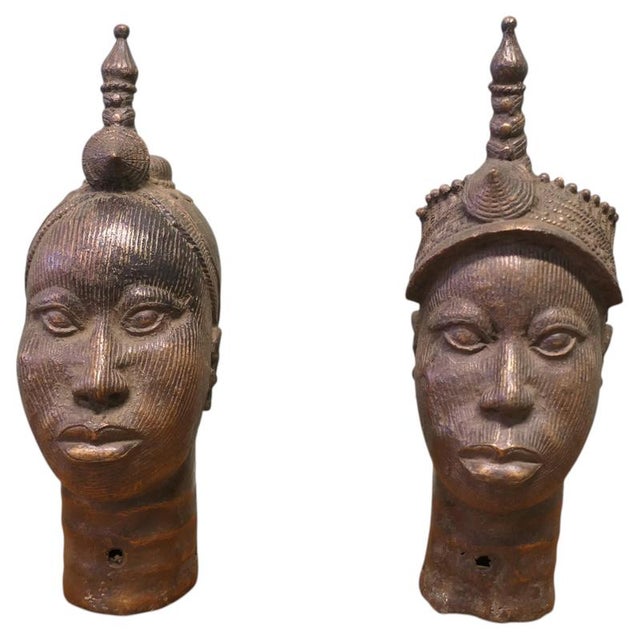 Metal Benin Heads Lost-Wax Casting, 1950, Bronze, Set of 2 For Sale - Image 7 of 7