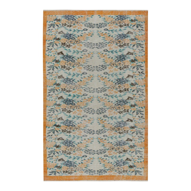 1960s Vintage Zeki Muren Rug in Blue and Orange With Floral Patterns From Rug & Kilim For Sale