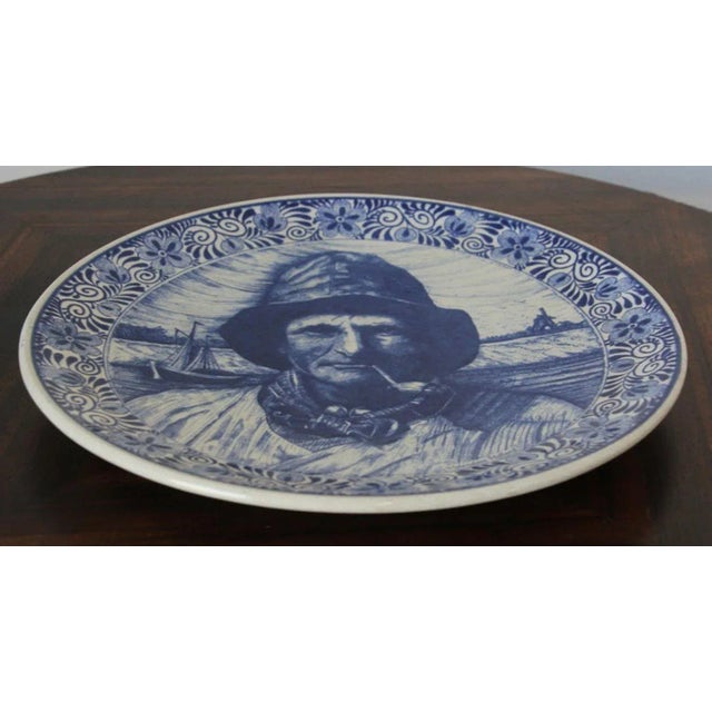 Folk Art Vintage Dutch Delfts Blauw Volendam Fisherman Blue & White Wall Charger Holland For Sale - Image 3 of 12