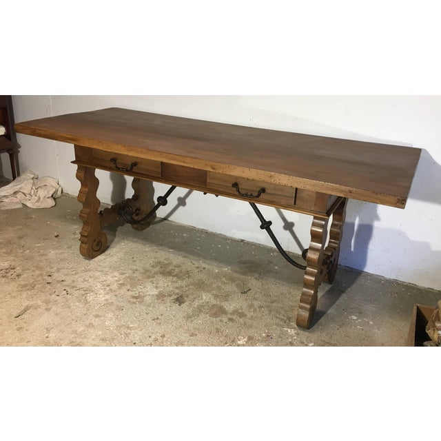 18th Century Baroque Farm Refectory Desk Table With Two Drawers & Stretchers For Sale - Image 11 of 13