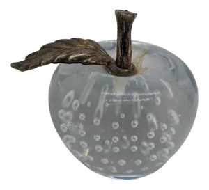 Signed Blown Glass Apple Bubbles Clear Paperweight