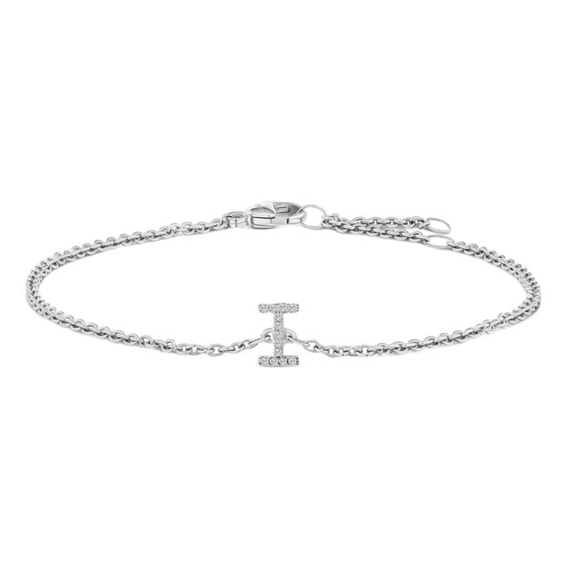 10K White Gold Diamond Accent "I" Initial Charm and Link Bracelet For Sale
