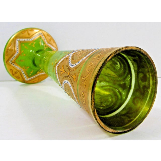 Antique Bohemian Moser-Style Green Glass Stick Vase Gold Gilding and Enamel For Sale - Image 9 of 12
