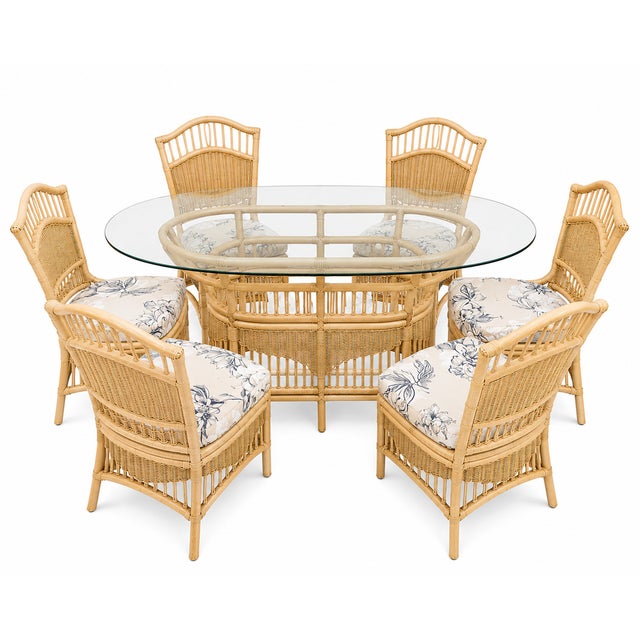 Wood Vintage Rattan Wicker Dining Set Oval Beveled Glass Table 6 Chairs Coastal Boho For Sale - Image 7 of 9