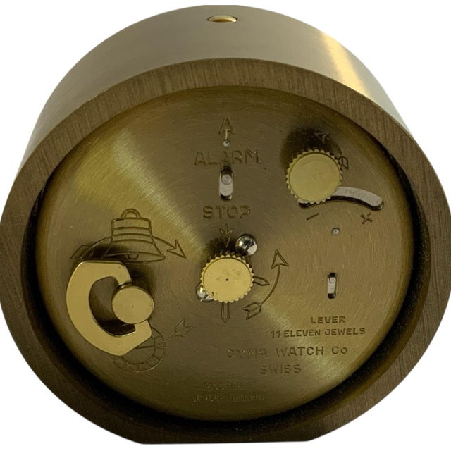 Rare Vintage Cyma 11-Jewel Swiss Mechanical Travel Alarm Clock Georg Jensen Inc. MCM W/Case 1950s-1960s For Sale In Palm Springs - Image 6 of 7