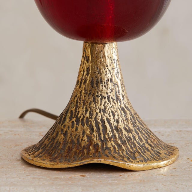 Modern 1970s Italian Oxblood Glass + Gilt Metal Table Lamp For Sale - Image 3 of 10