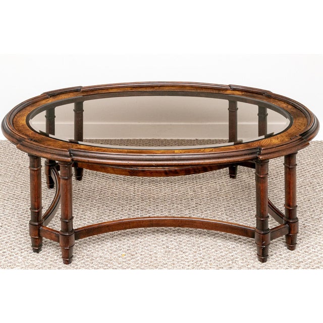 1970s 1970s Regency Revival Oval Figured Wood & Beveled Glass Coffee Table With Faux Bamboo Legs For Sale - Image 5 of 5