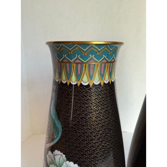 Pair of Asian Cloisonné Peacock and Peony Vases For Sale - Image 10 of 12