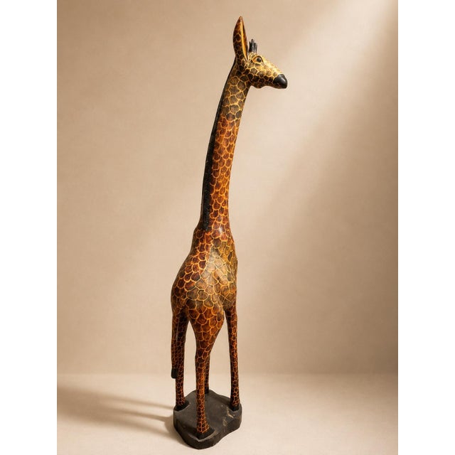 Contemporary Late 20th Century Large Hand-Carved Hand-Painted African Wooden Giraffe Sculpture Floor Statue 60” Safari Decor For Sale - Image 3 of 9
