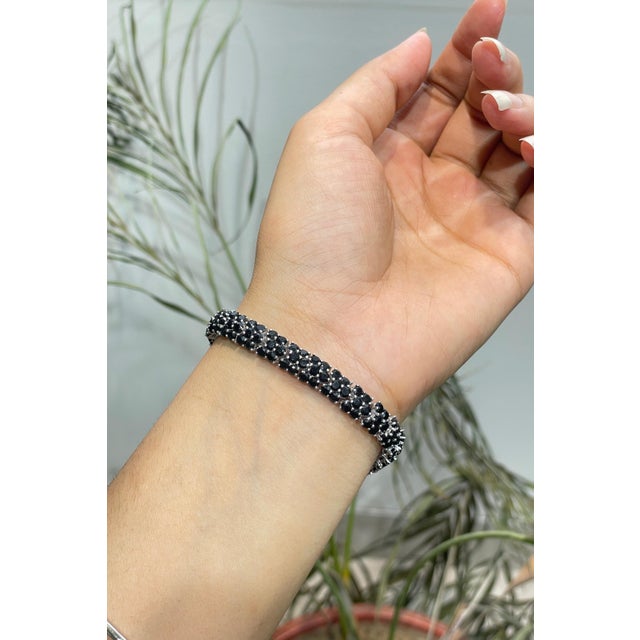 Wide Three Row Mosaic 14.37 CTW Black Onyx Tennis Bracelet in 925 Sterling Silver 7 Inch For Sale - Image 4 of 15