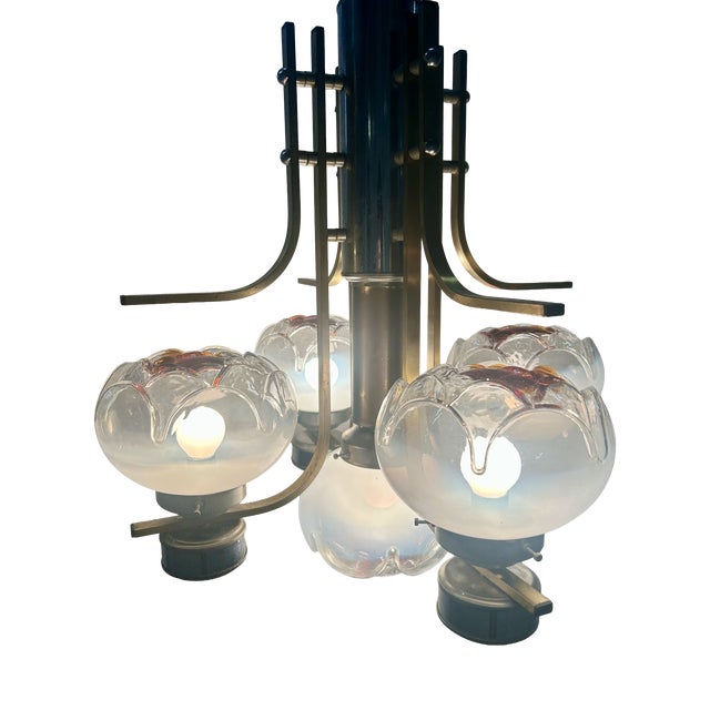 5-Light Chandelier in White and Amber Shaded Glass, 1976 For Sale
