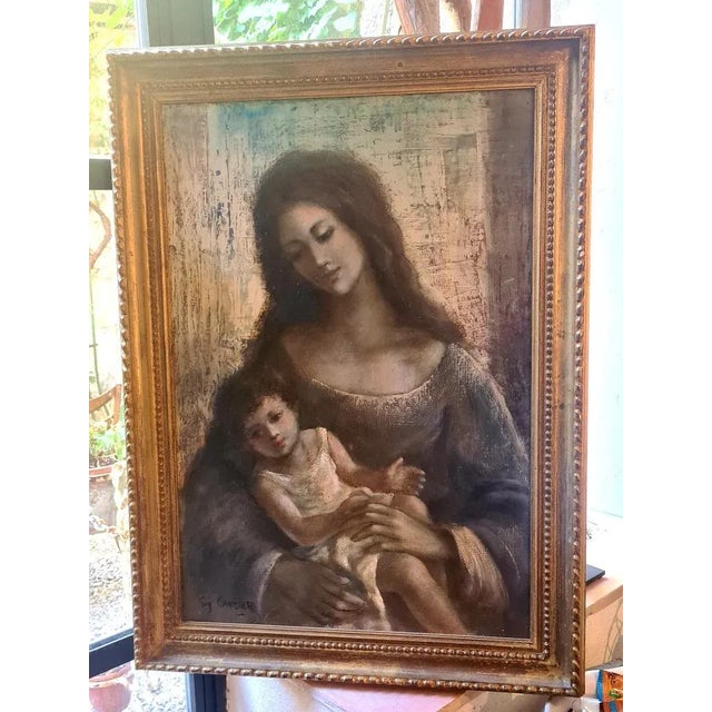 Ecole de Paris, mid century oil on canvas portrait of a mother and child by Guy Cambier. The painting is signed bottom...