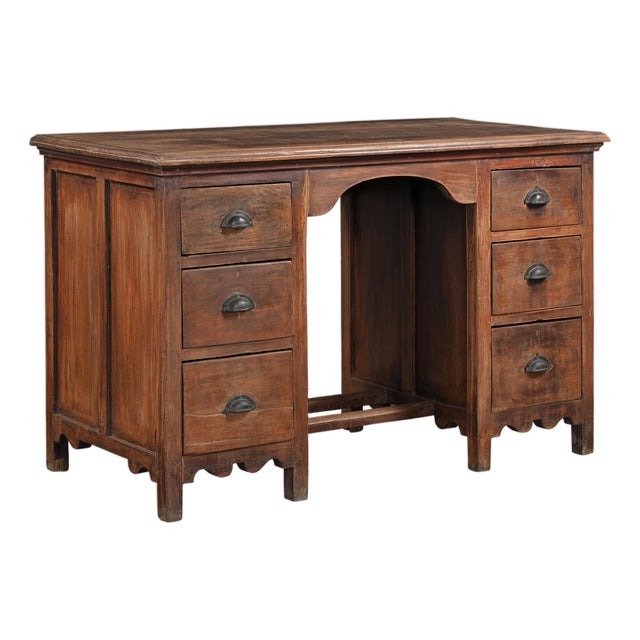 Vintage Teakwood Six-Drawer Pedestal Desk For Sale