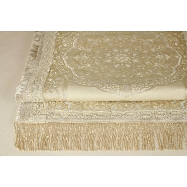 Contemporary Antique Lace & Metallic Fringe Hand-Embroidery Fortuny-Style Table Runner For Sale - Image 3 of 13