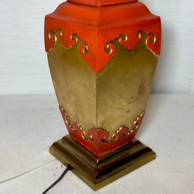 Vintage James Mont Style Tole Lamp by Turtle and Crane - Bespoke Cinnabar & Gold Leaf - Newly Painted For Sale - Image 10 of 14
