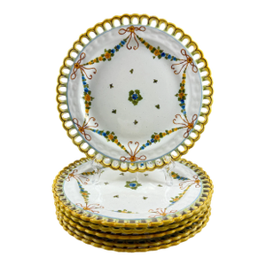 Cantagalli Italian Majolica Hand Painted Reticulate Edge Floral Plates, Set of 6