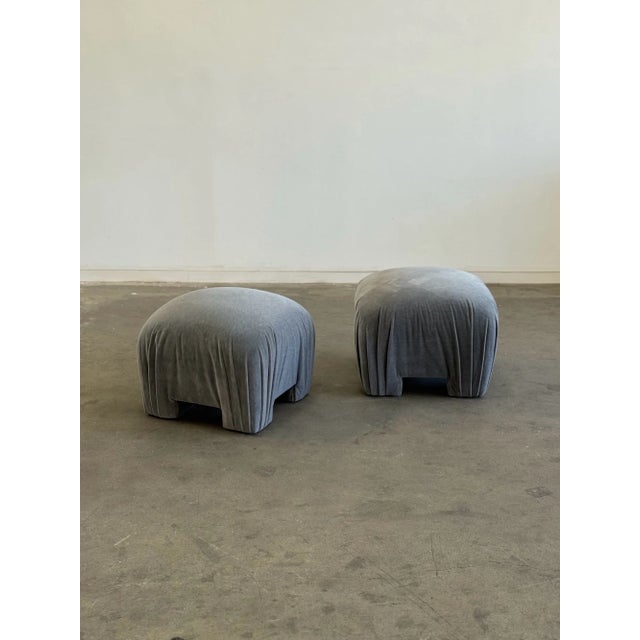 W20 D20 H15 Ottoman / Pouf with gathered fabric at the legs, fully reupholstered in velvet fabric.