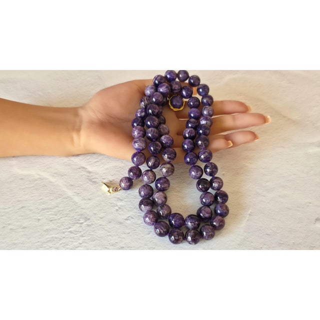 Metal Charoite Long Necklace With Gilt Silver Charoite Clasp, 33.5" For Sale - Image 7 of 8