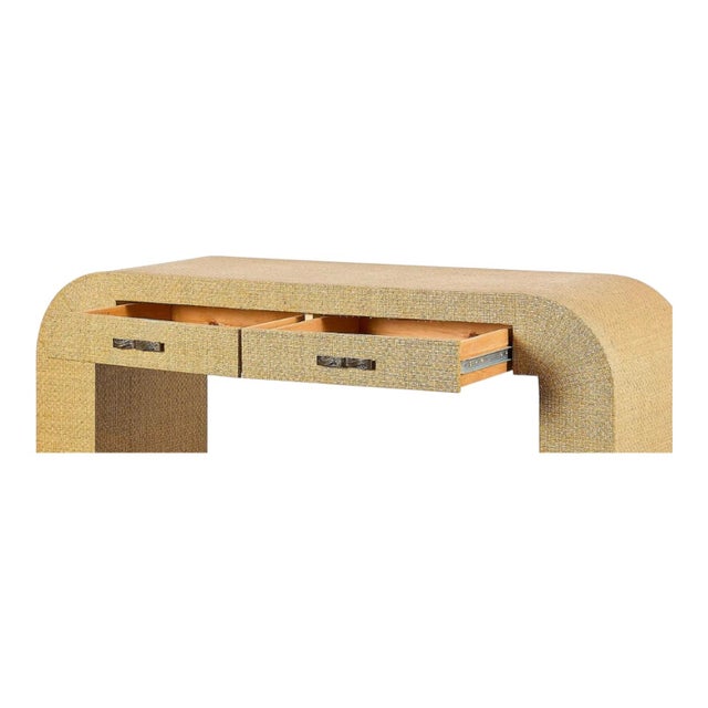 Karl Springer 1970s Modern Waterfall Grasscloth Wrapped Console Table or Desk - Springer Style For Sale - Image 4 of 6