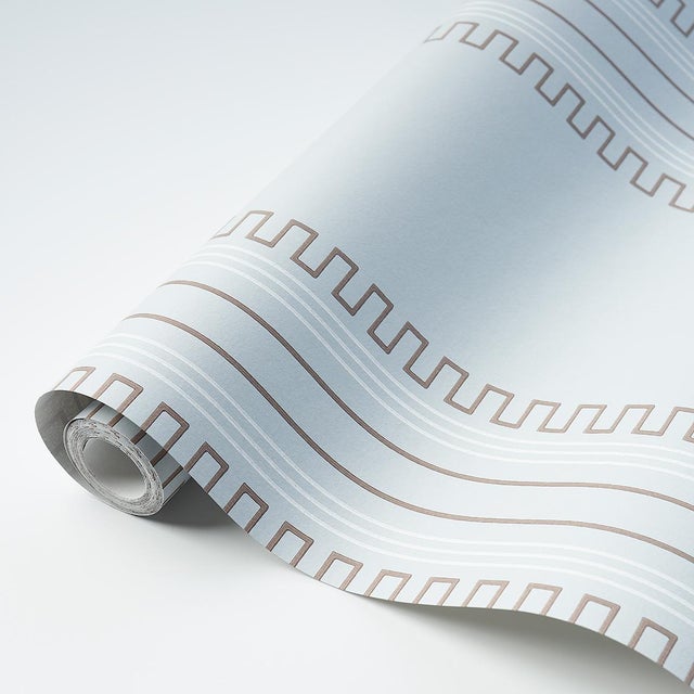 Schumacher Sample - Schumacher X Mary McDonald Greco Stripe Wallpaper in Sky For Sale - Image 4 of 5