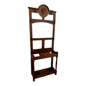 Early 20th Century Antique Arts and Crafts Hall Tree Mirror Oak Drawer Umbrella Stand Hat Rack