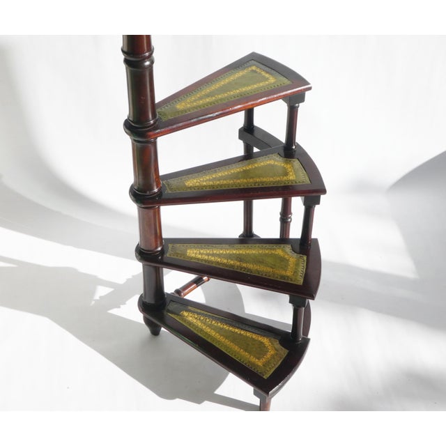 Victorian Wooden Library Stairs in Green Leather, 1940s For Sale - Image 4 of 11