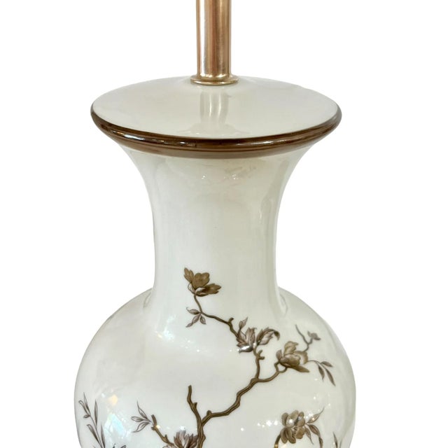 Mid 20th Century Pair Vintage Brown and White Ceramic Transferware Hollywood Regency Style Lamps For Sale - Image 5 of 12