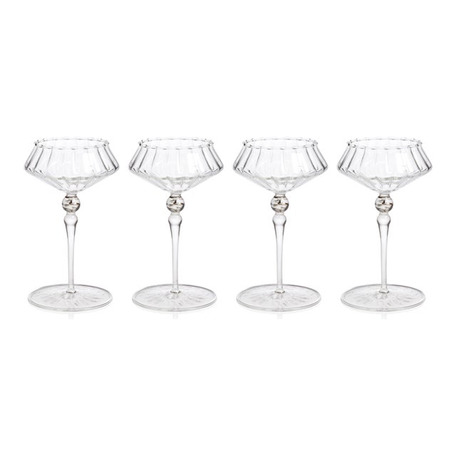 Ondine 4-Piece Set Fluted Coupe Glasses, Clear with Shadow Gray Accent For Sale - Image 4 of 4